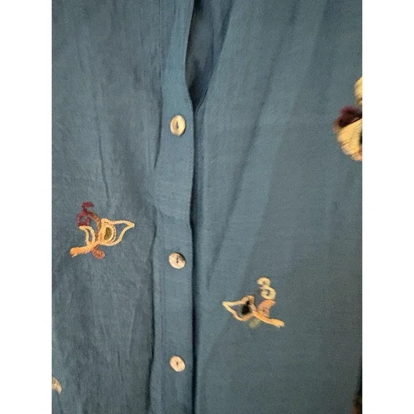 Fig & Flower Embroidered Floral Paisley Roll-Tab Tunic Blouse Turquoise Teal S - Picture 9 of 9